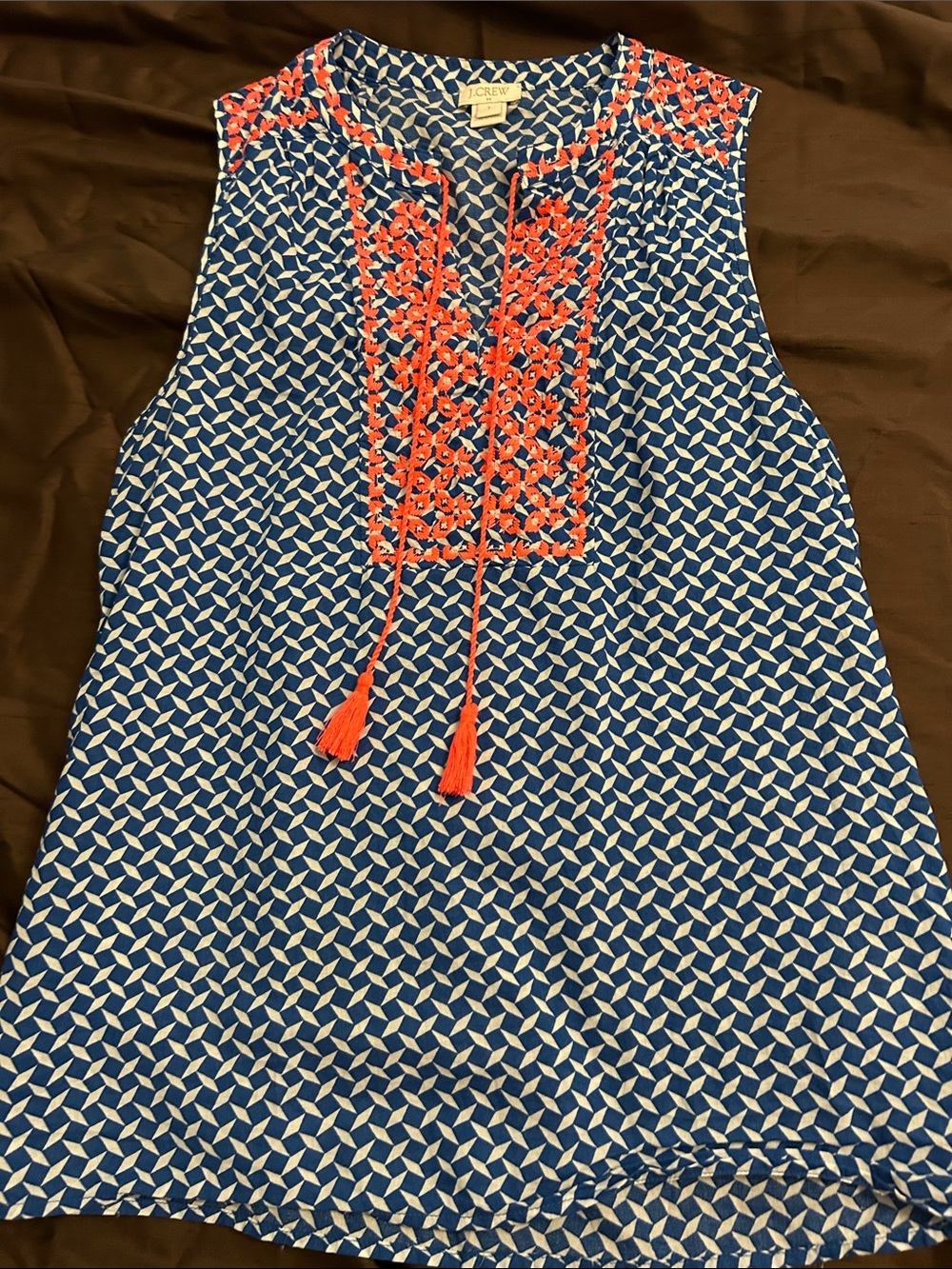 J. Crew Blue Geometric Sleeveless Camisole with Coral Embroidery